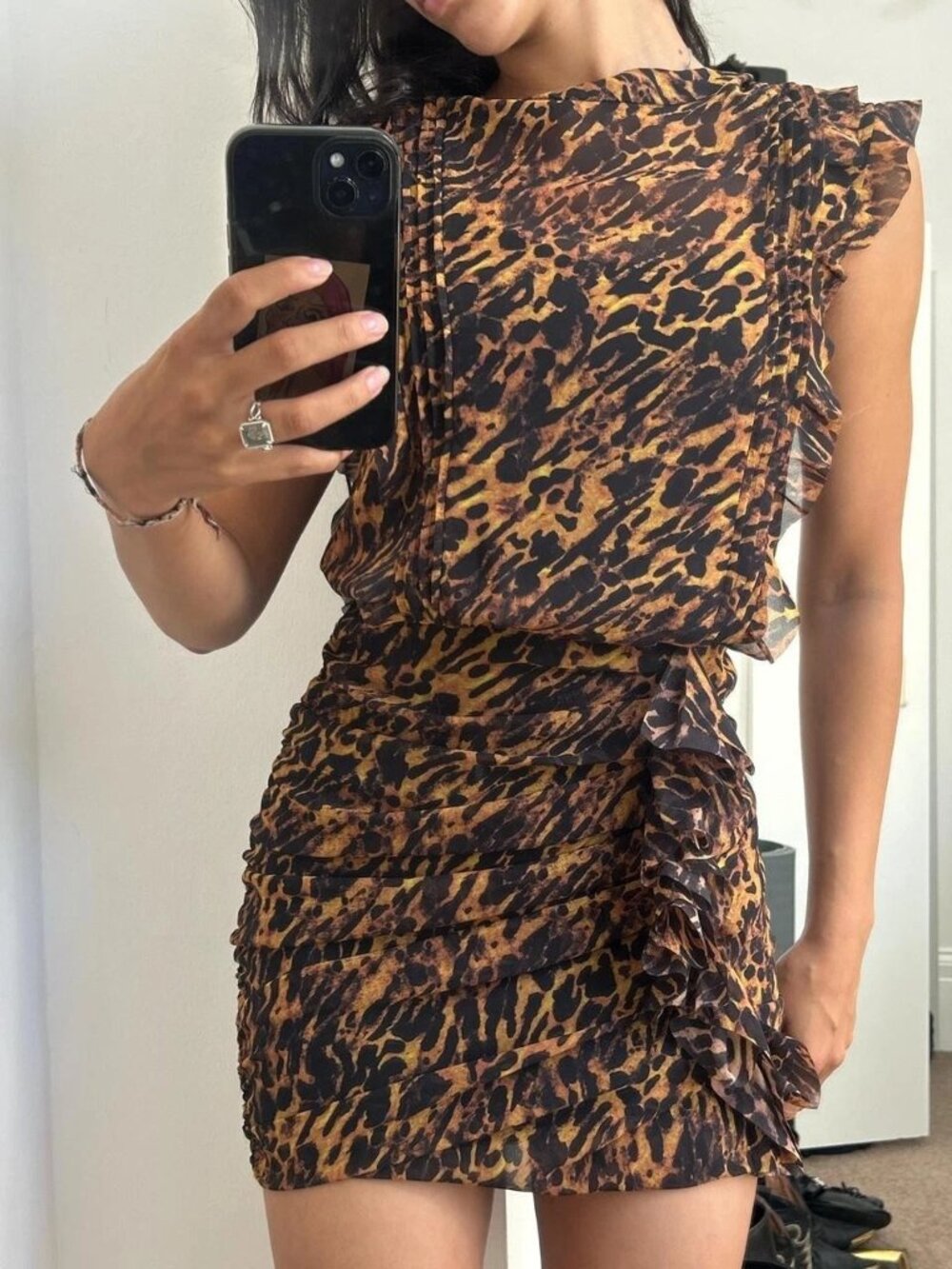 All Saints Animal Print Mini Dress 00 XS Black Cheetah Ruched Cocktail Sexy